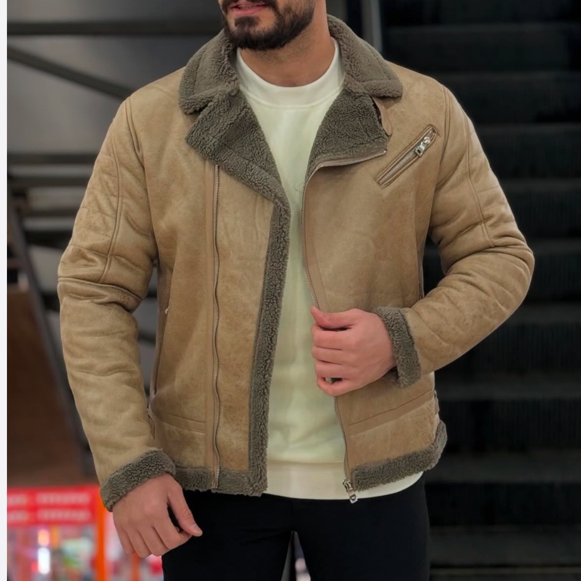 کاپشن چرم جیر خزدار بوفالو کد 3293